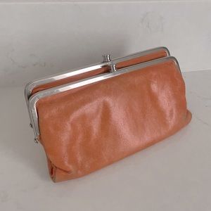 Orange hobo Lauren clutch wallet blue interior fabric purse